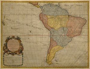 Mapa da América do Sul, publicado em 1700, Paris (gravura a cores)